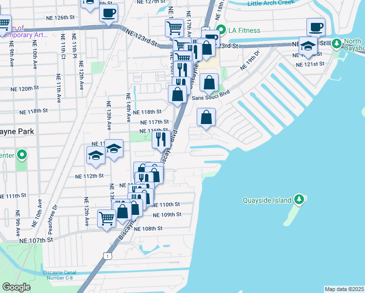 map of restaurants, bars, coffee shops, grocery stores, and more near 11401 Biscayne Boulevard in Miami