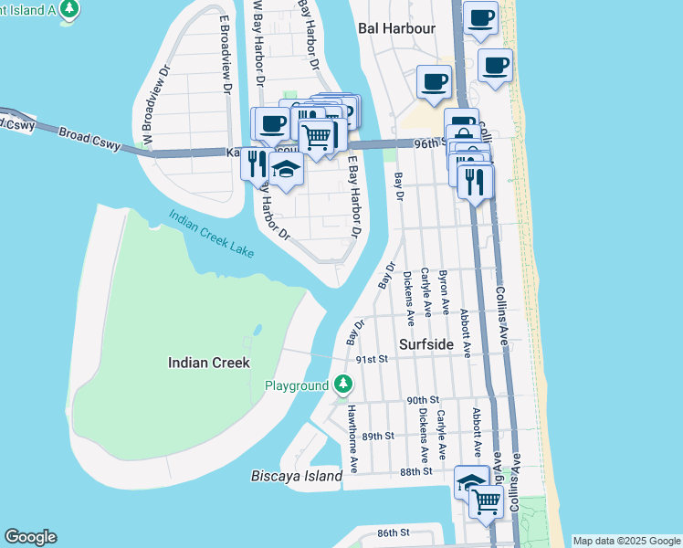map of restaurants, bars, coffee shops, grocery stores, and more near 9100 West Bay Harbor Drive in Bay Harbor Islands
