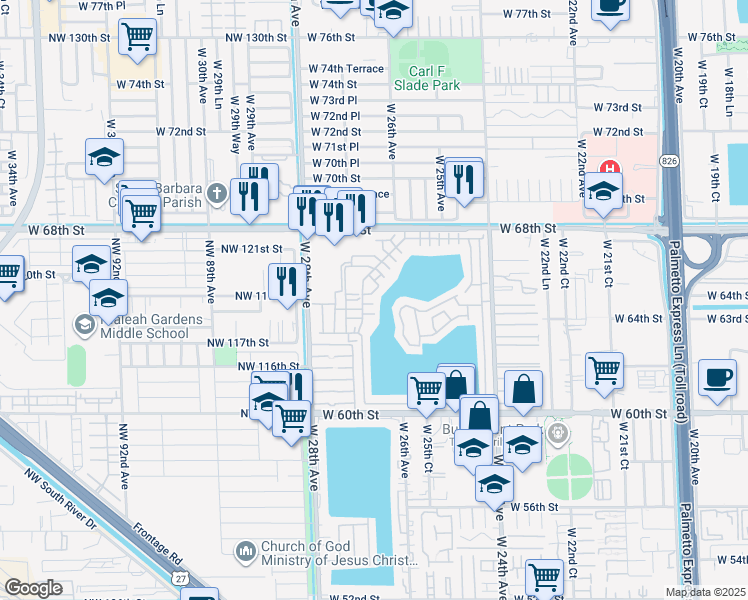 map of restaurants, bars, coffee shops, grocery stores, and more near 455 West 27th Avenue in Hialeah