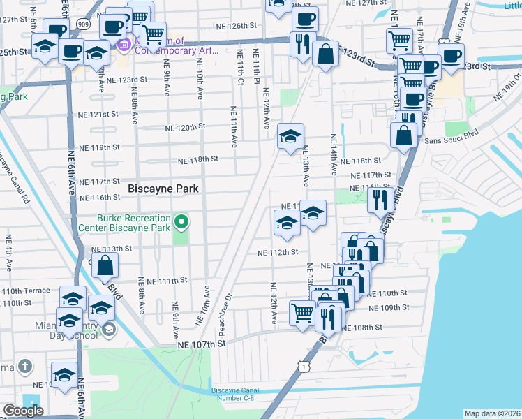map of restaurants, bars, coffee shops, grocery stores, and more near 11342 Peachtree Drive in Miami