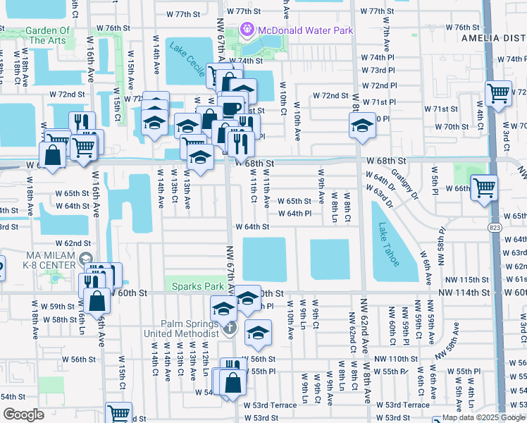 map of restaurants, bars, coffee shops, grocery stores, and more near 6433 West 11th Court in Hialeah