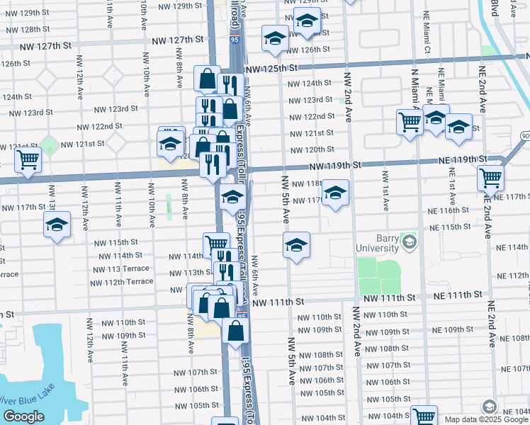 map of restaurants, bars, coffee shops, grocery stores, and more near 585 Northwest 116th Street in Miami