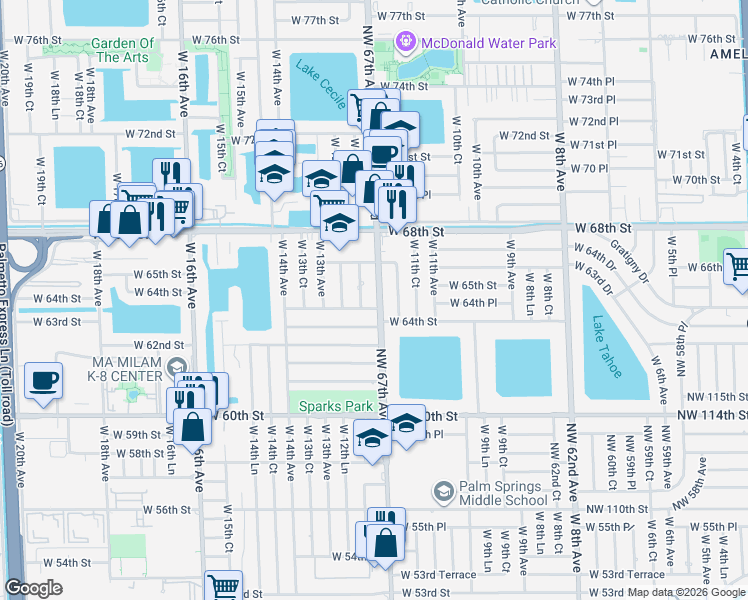 map of restaurants, bars, coffee shops, grocery stores, and more near 6433 West 12th Avenue in Hialeah