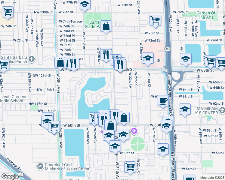 map of restaurants, bars, coffee shops, grocery stores, and more near 2464 West 65th Street in Hialeah