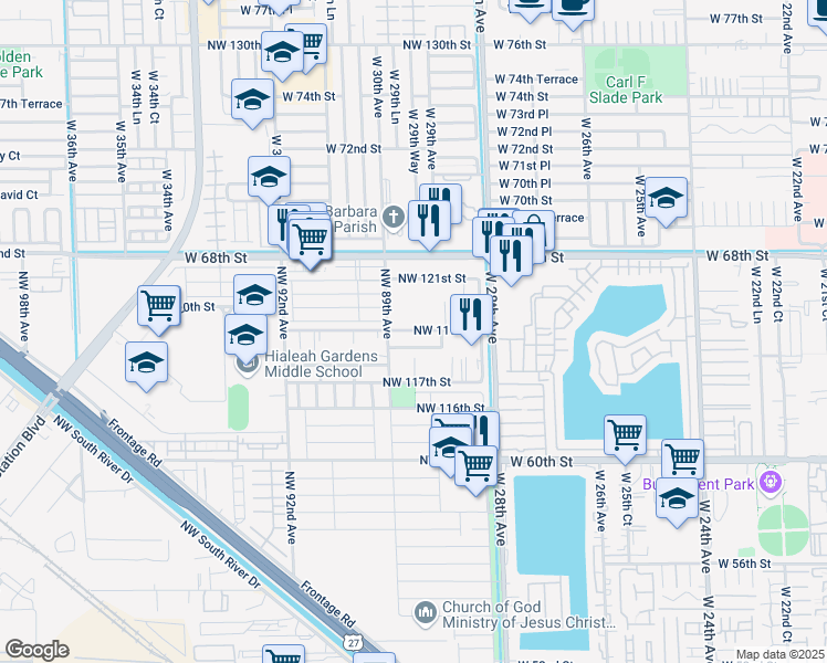 map of restaurants, bars, coffee shops, grocery stores, and more near 8885 Northwest 118th Street in Hialeah