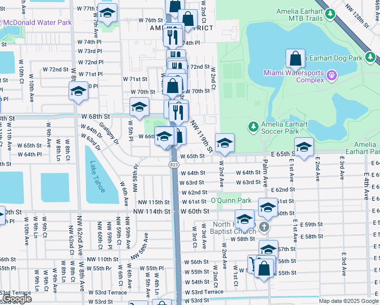 map of restaurants, bars, coffee shops, grocery stores, and more near 372 West 65th Street in Hialeah