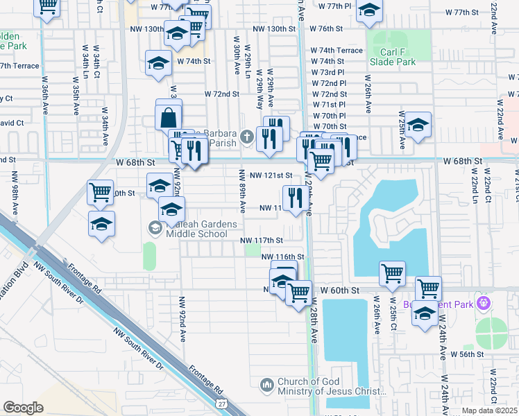 map of restaurants, bars, coffee shops, grocery stores, and more near 8885 Northwest 118th Street in Hialeah