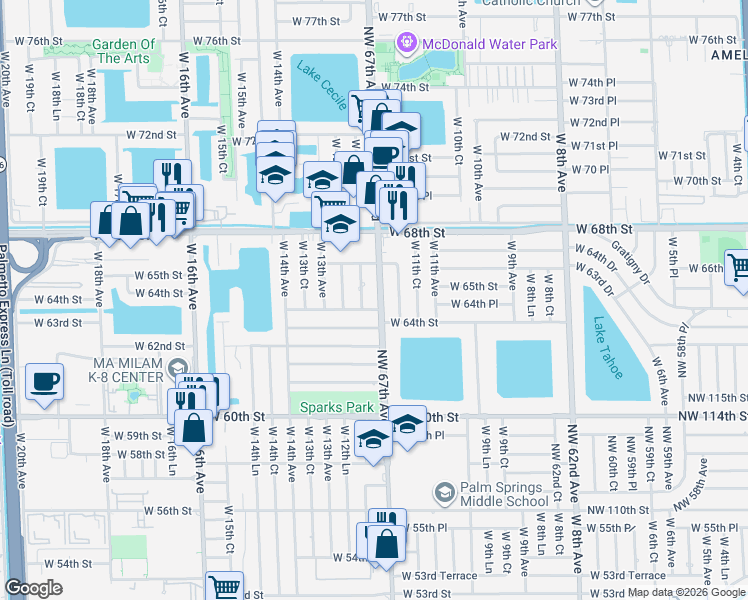 map of restaurants, bars, coffee shops, grocery stores, and more near 6433 West 12th Avenue in Hialeah
