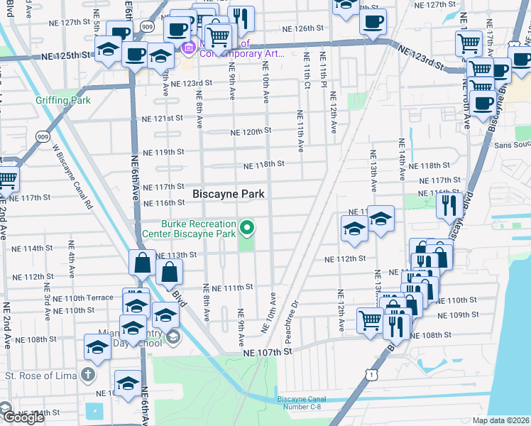 map of restaurants, bars, coffee shops, grocery stores, and more near 11409 Northeast 10th Avenue in Biscayne Park