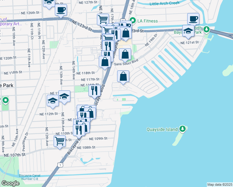 map of restaurants, bars, coffee shops, grocery stores, and more near 1650 Northeast 115th Street in Miami