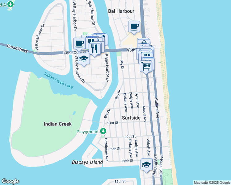 map of restaurants, bars, coffee shops, grocery stores, and more near 9250 Bay Drive in Surfside