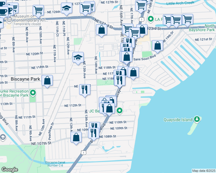map of restaurants, bars, coffee shops, grocery stores, and more near Unnamed Road in Miami