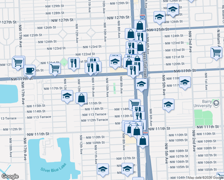 map of restaurants, bars, coffee shops, grocery stores, and more near 981 Northwest 116th Street in Miami