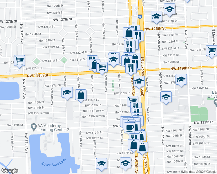 map of restaurants, bars, coffee shops, grocery stores, and more near 981 Northwest 116th Street in Miami