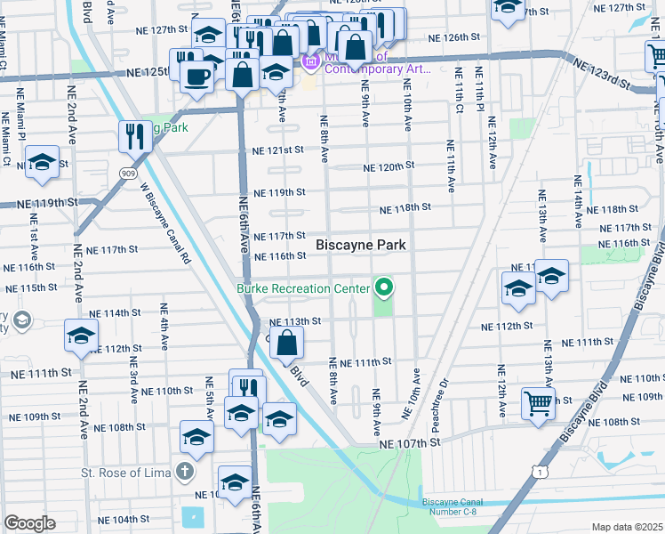 map of restaurants, bars, coffee shops, grocery stores, and more near 768 Northeast 115th Street in Biscayne Park