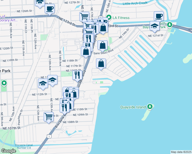 map of restaurants, bars, coffee shops, grocery stores, and more near 1600 Northeast 114th Street in North Miami Beach