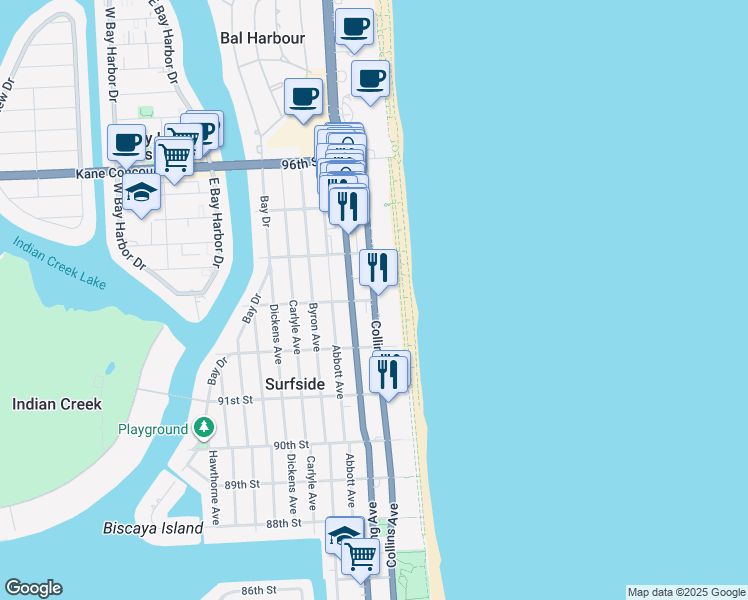 map of restaurants, bars, coffee shops, grocery stores, and more near Collins Ave & 93rd St in Surfside