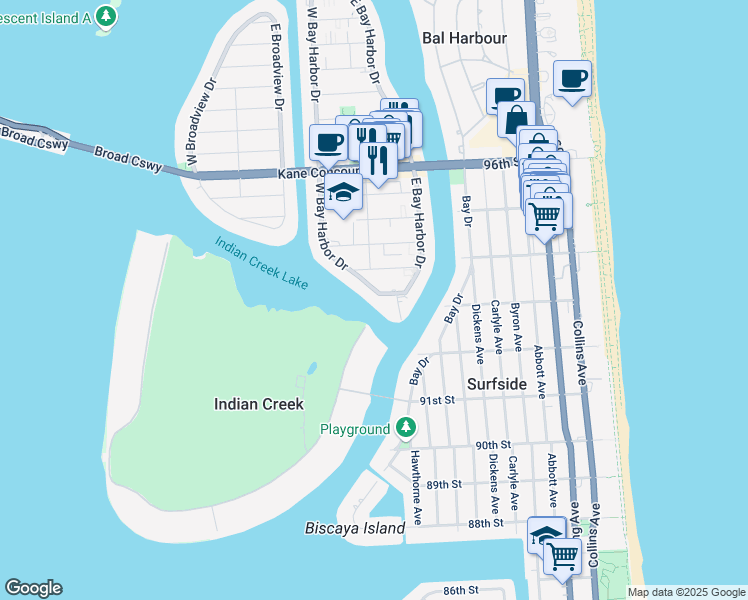 map of restaurants, bars, coffee shops, grocery stores, and more near 9110 West Bay Harbor Drive in Bay Harbor Islands