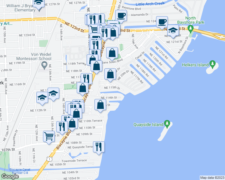 map of restaurants, bars, coffee shops, grocery stores, and more near 1601 Northeast 114th Street in Miami