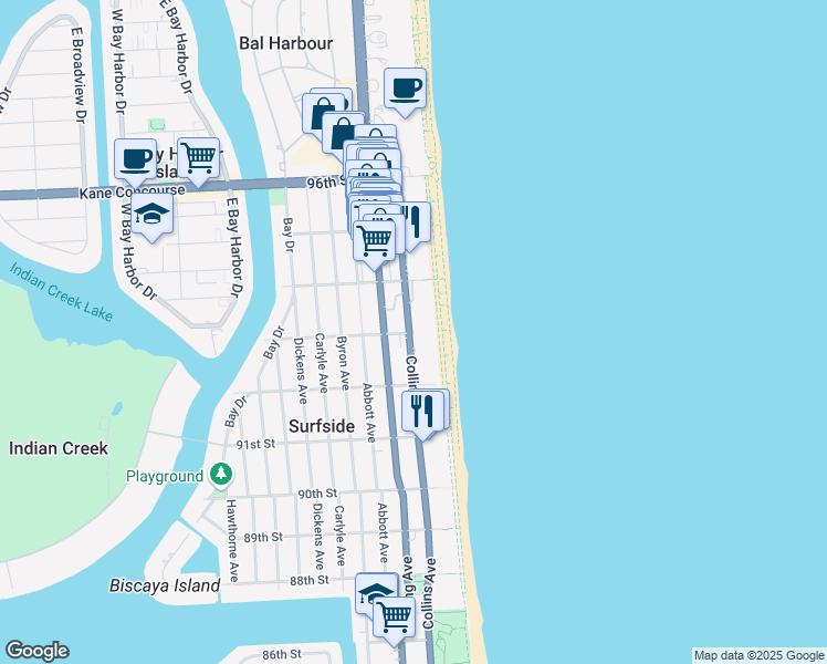 map of restaurants, bars, coffee shops, grocery stores, and more near 9301 Collins Avenue in Surfside