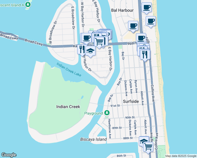 map of restaurants, bars, coffee shops, grocery stores, and more near 9110 West Bay Harbor Drive in Bay Harbor Islands