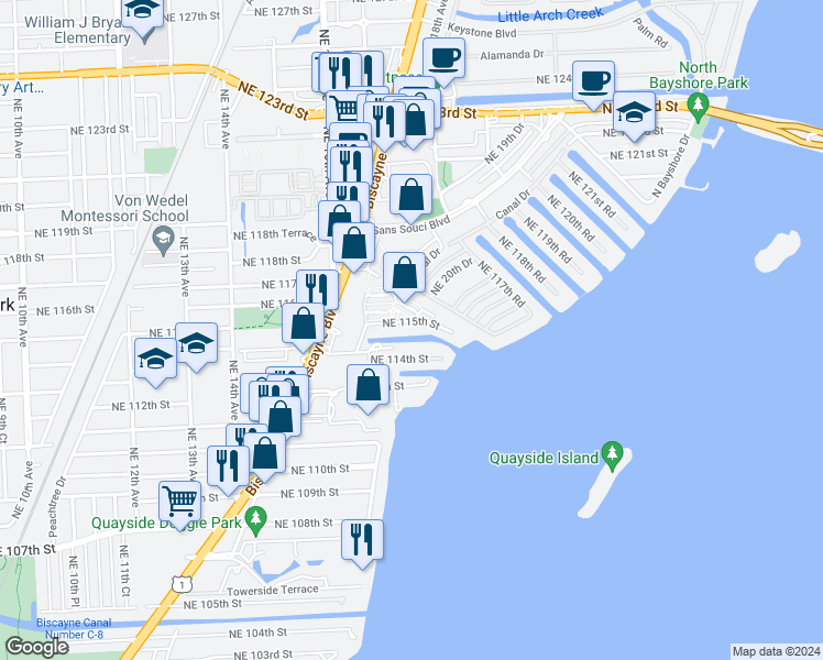 map of restaurants, bars, coffee shops, grocery stores, and more near 1601 Northeast 114th Street in Miami