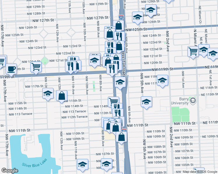 map of restaurants, bars, coffee shops, grocery stores, and more near 729 Northwest 116th Street in Miami