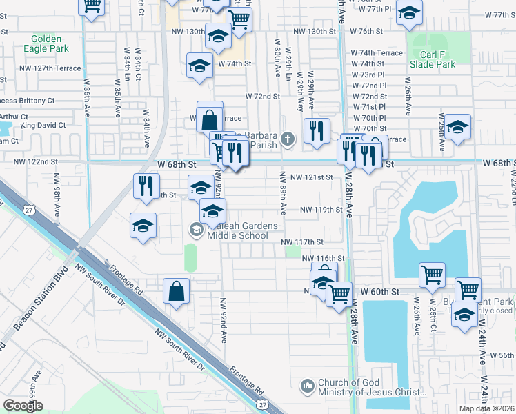 map of restaurants, bars, coffee shops, grocery stores, and more near 8965 Northwest 117th Terrace in Hialeah Gardens