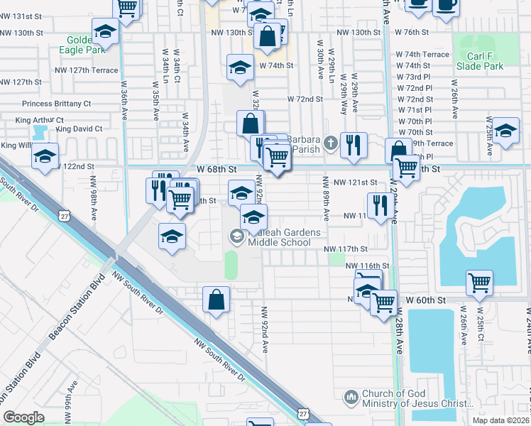 map of restaurants, bars, coffee shops, grocery stores, and more near 11811 Northwest 92nd Avenue in Hialeah Gardens