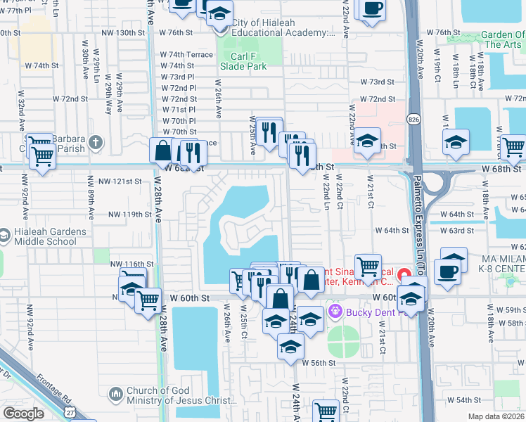 map of restaurants, bars, coffee shops, grocery stores, and more near 2464 West 65th Street in Hialeah