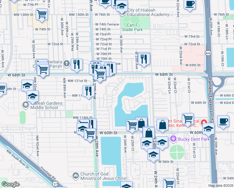 map of restaurants, bars, coffee shops, grocery stores, and more near 455 West 27th Avenue in Hialeah