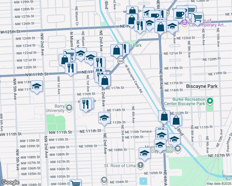 map of restaurants, bars, coffee shops, grocery stores, and more near 254 Northeast 116th Street in Miami