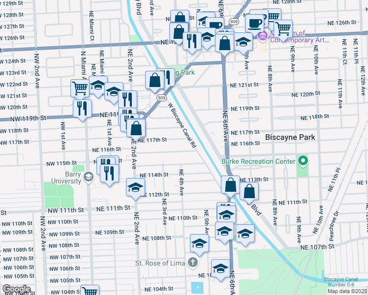 map of restaurants, bars, coffee shops, grocery stores, and more near 385 Northeast 117th Street in Miami