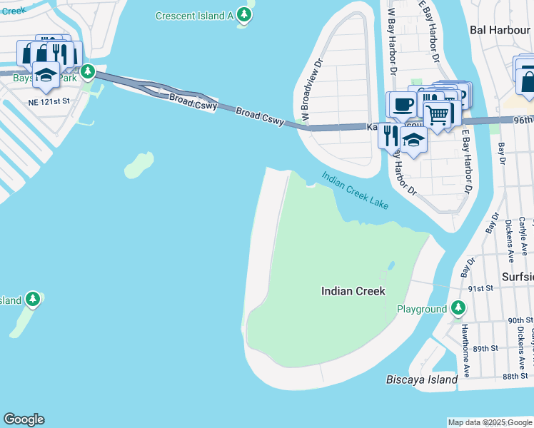 map of restaurants, bars, coffee shops, grocery stores, and more near 4 Indian Creek Island Road in Indian Creek