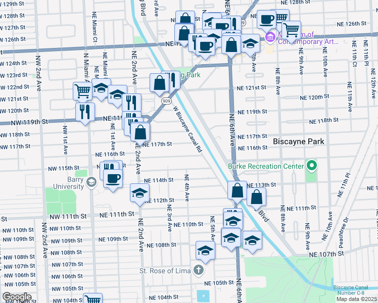 map of restaurants, bars, coffee shops, grocery stores, and more near 385 Northeast 117th Street in Miami