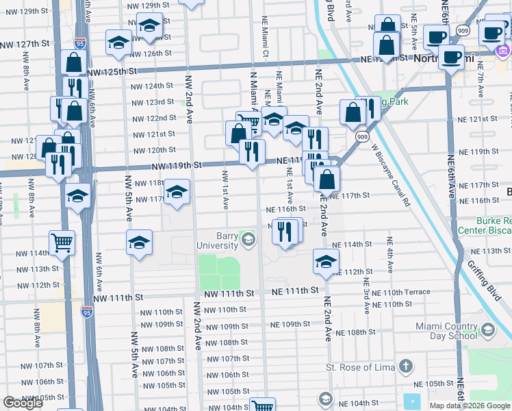map of restaurants, bars, coffee shops, grocery stores, and more near 27 Northwest 117th Street in Miami