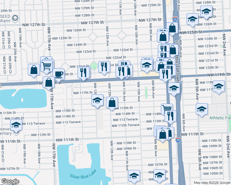 map of restaurants, bars, coffee shops, grocery stores, and more near 1190 Northwest 118th Street in Miami