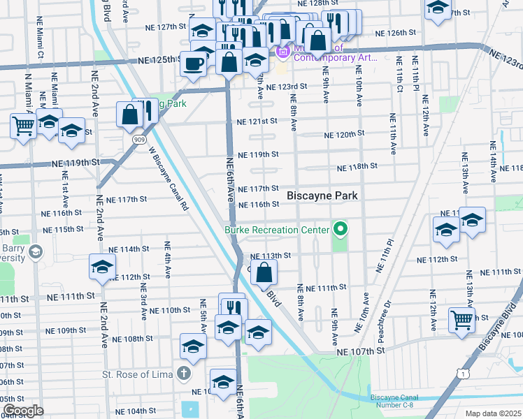 map of restaurants, bars, coffee shops, grocery stores, and more near 11625 Northeast 7th Avenue in Biscayne Park