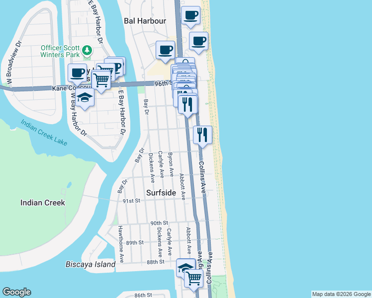 map of restaurants, bars, coffee shops, grocery stores, and more near 9349 Abbott Avenue in Surfside