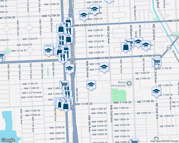 map of restaurants, bars, coffee shops, grocery stores, and more near 11711 Northwest 5th Avenue in Miami