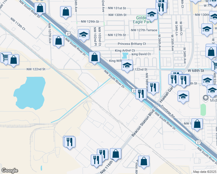 map of restaurants, bars, coffee shops, grocery stores, and more near 10310 Northwest 121st Way in Medley
