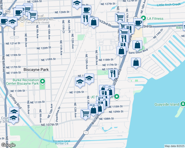 map of restaurants, bars, coffee shops, grocery stores, and more near 1352 Northeast 116th Street in Miami