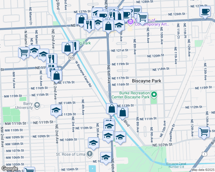 map of restaurants, bars, coffee shops, grocery stores, and more near 11625 Griffing Boulevard in Biscayne Park
