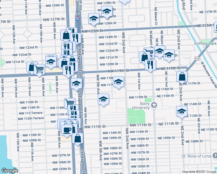 map of restaurants, bars, coffee shops, grocery stores, and more near 319 Northwest 117th Street in Miami