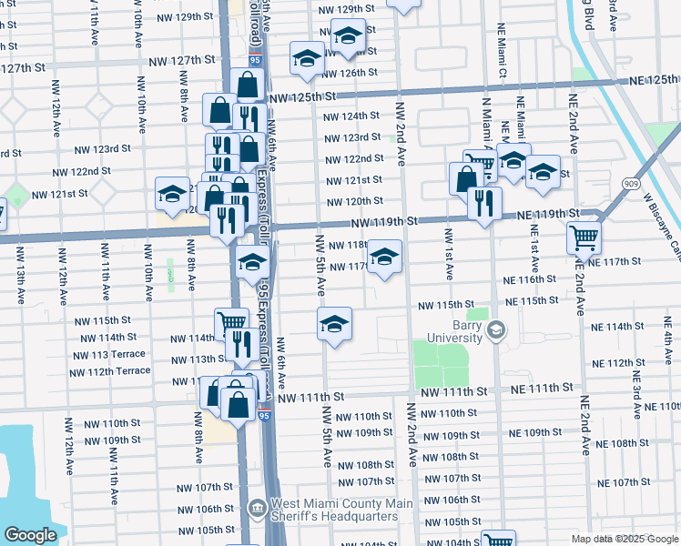 map of restaurants, bars, coffee shops, grocery stores, and more near 319 Northwest 117th Street in Miami