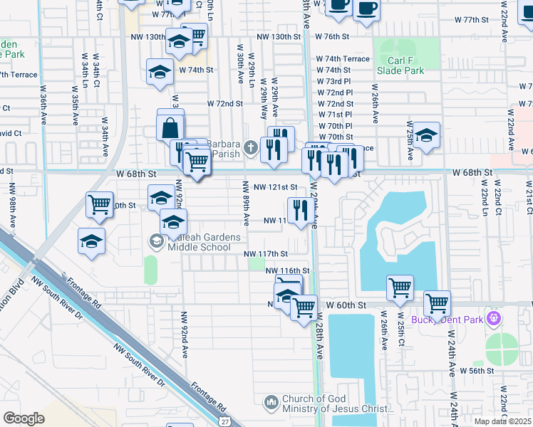 map of restaurants, bars, coffee shops, grocery stores, and more near 8851 Northwest 119th Street in Hialeah