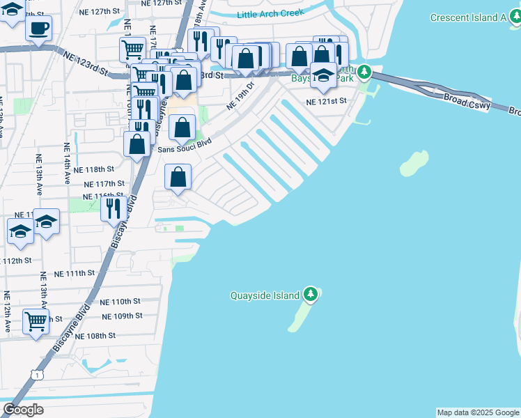 map of restaurants, bars, coffee shops, grocery stores, and more near 11401 North Bayshore Drive in North Miami