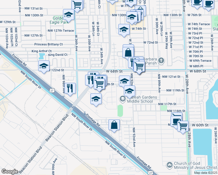 map of restaurants, bars, coffee shops, grocery stores, and more near 9392 Northwest 120th Street in Hialeah Gardens