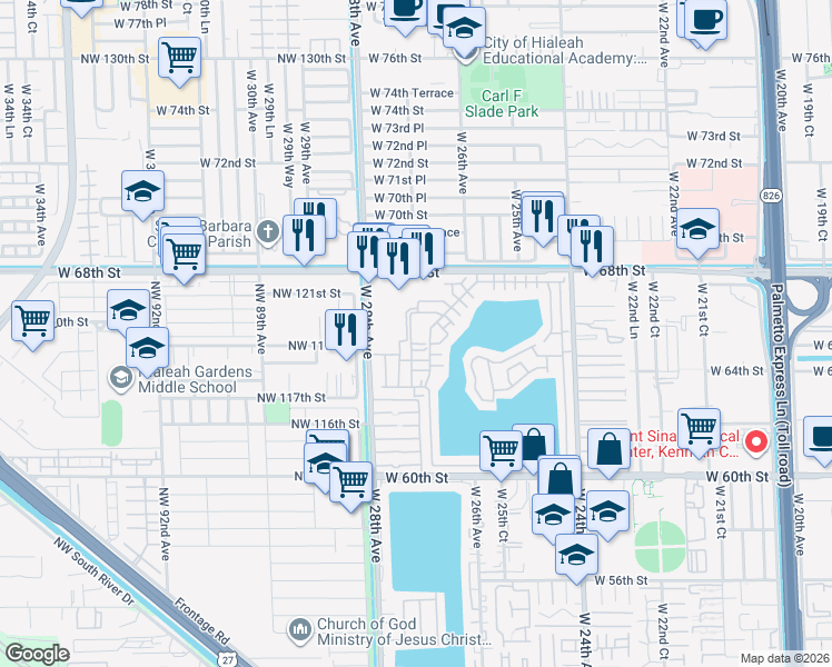 map of restaurants, bars, coffee shops, grocery stores, and more near 6745 West 26th Drive in Hialeah