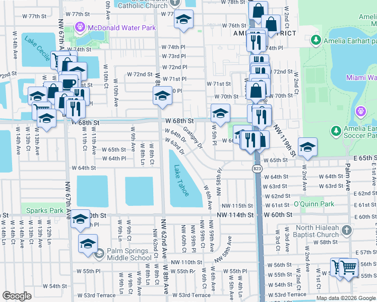 map of restaurants, bars, coffee shops, grocery stores, and more near 642 West 65th Drive in Hialeah